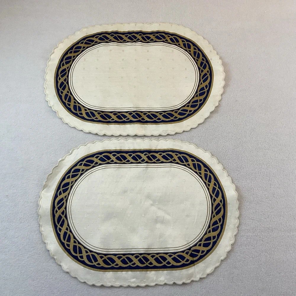 Lenox Hamilton Oval Placemats Cloth Set Of 2 Ivory Gold Navy Blue Vintage Lot #3